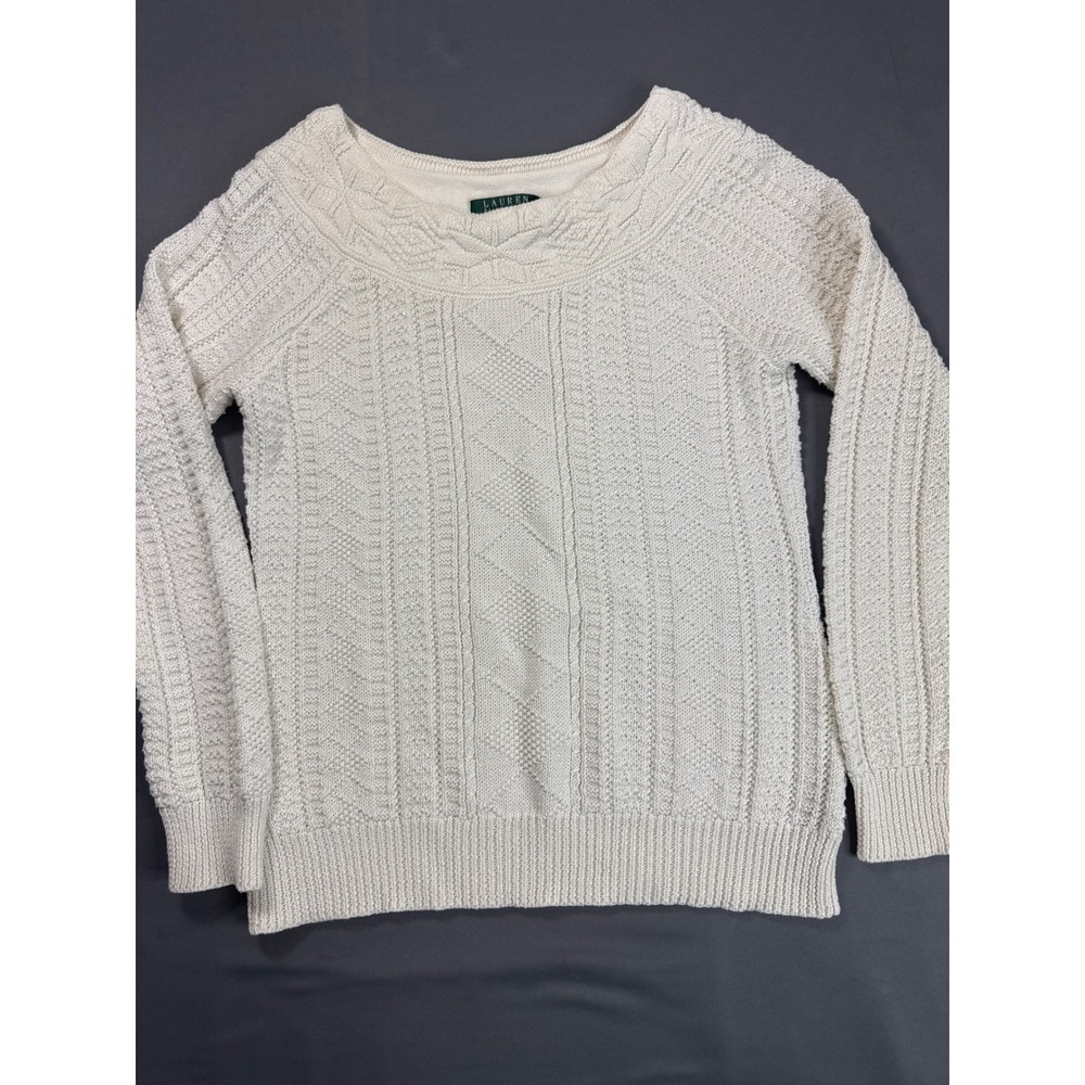Lauren Ralph Lauren Cream Cable Knit Metallic Shimmer Sweater Scoop Neck Medium